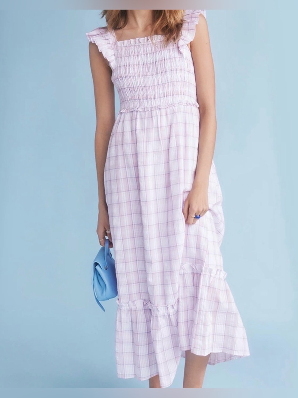 English Factory Pastel Lilac Plaid Ruffled Smocked Maxi Dress